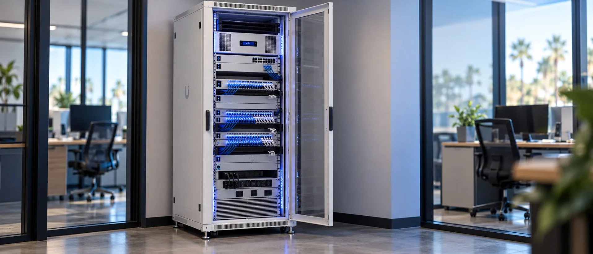 Neatly organized network rack with firewall, switches and blue cabling in a modern office